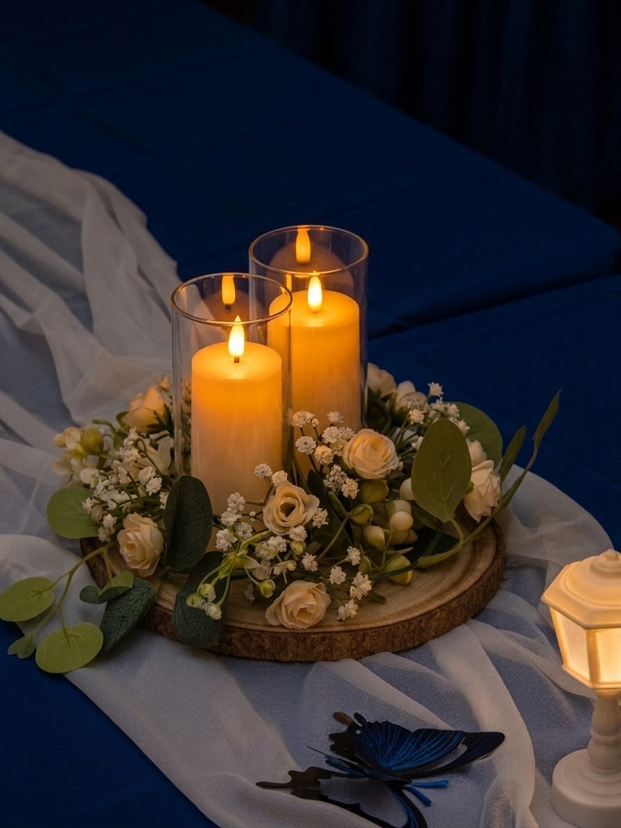 Centerpiece of pillar candles and eucalyptus on a wooden slice
