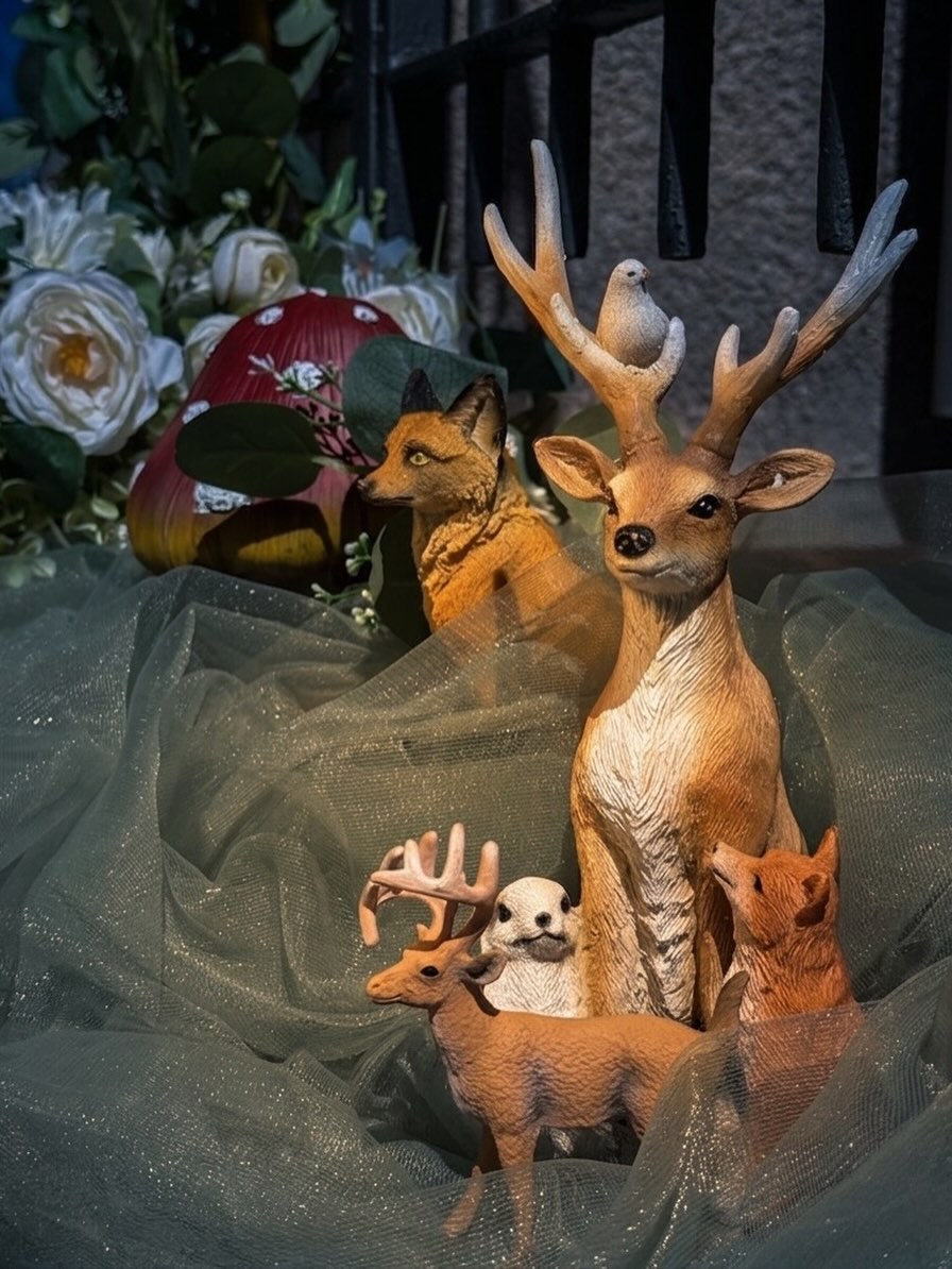 Enchanted-forest figurines — deer, fox and mushroom — on shimmering tulle